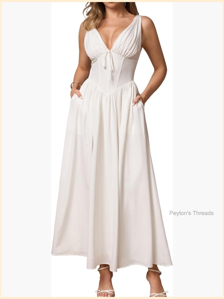 V Neck Corset Midi A Line Sundress With Pockets Sleeveless Flow